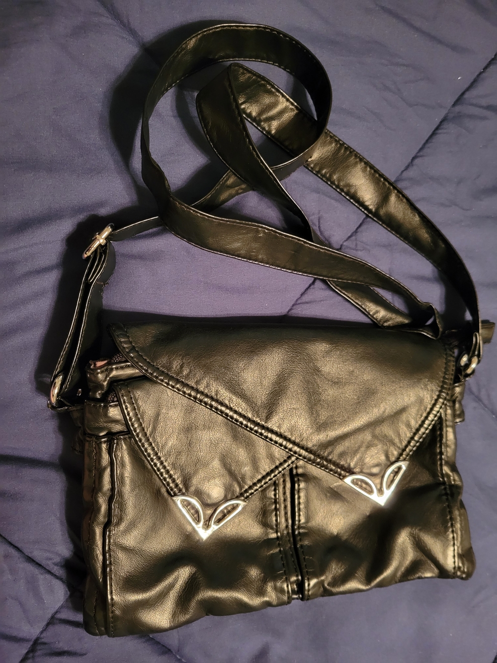 Soft Black Leather Crossbody Bag with Silver Accents On Flaps